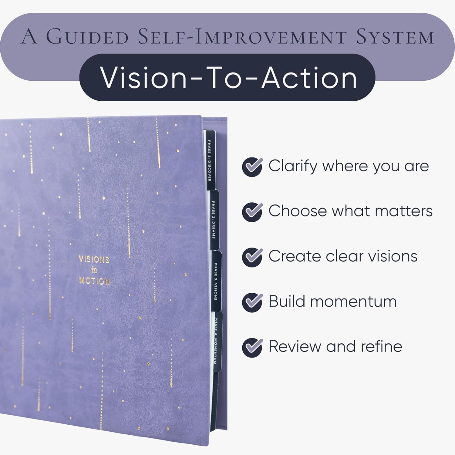 Vision Board Kit & Guided Manifestation Journal | Goal Planner & Habit Tracker, Self Care & Reflection Tools | Undated Vegan Leather Hardcover | Visions in Motion Portable Vision Board