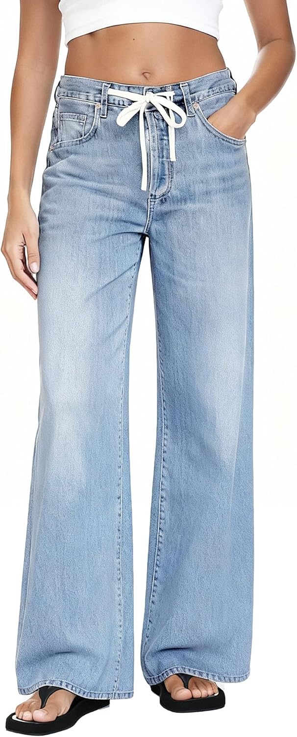 MARIASHA Wide Leg Jeans for Women Trendy High Waist Stretchy Baggy Jeans Women Drawstring Denim Pants