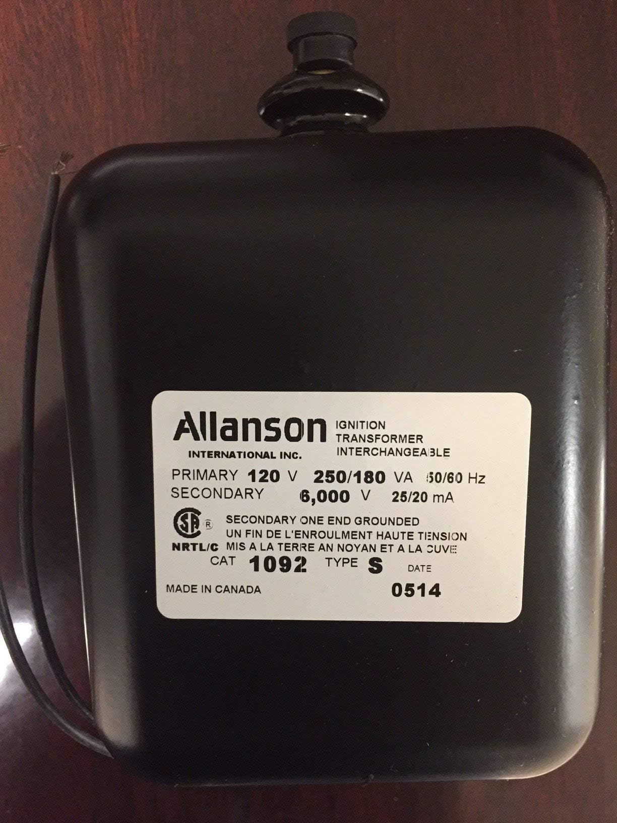 ALLANSON 1092-S 120 VAC Primary, 25/20 MA, 50/60 HZ, 6000 Volt Secondary, Gas Burner Ignition Transformer, Slotted Plate MOUNTING Type, Spark Ignition Type