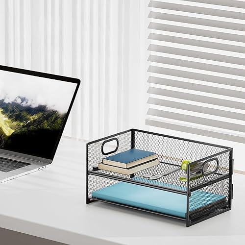Miniatura 3 de Marbrasse Bandeja organizadora de papel de 2 niveles, organizador de archivos de malla con asa, organizador de escritorio clasificador de papel para