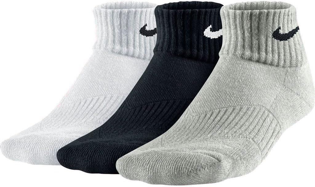 Nike New 3 Pack Youth Cotton Cushion Qtr Socks w/Moisture MGT Wht/Grey/Blk Youth Medium