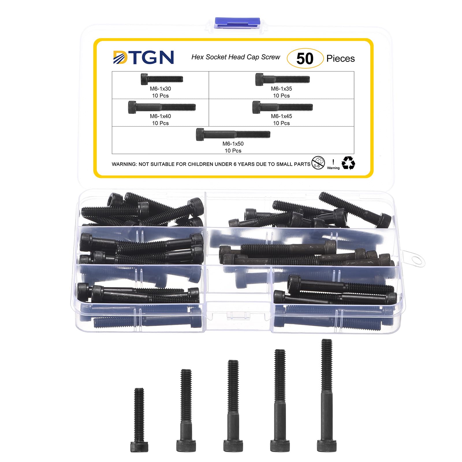 DTGN M6x1x30/35/40/45/50 Hex Socket Head Cap Screws Blots Assortment Kit, 50Pack, Good for Mountain Bike Auto, Motorcycle