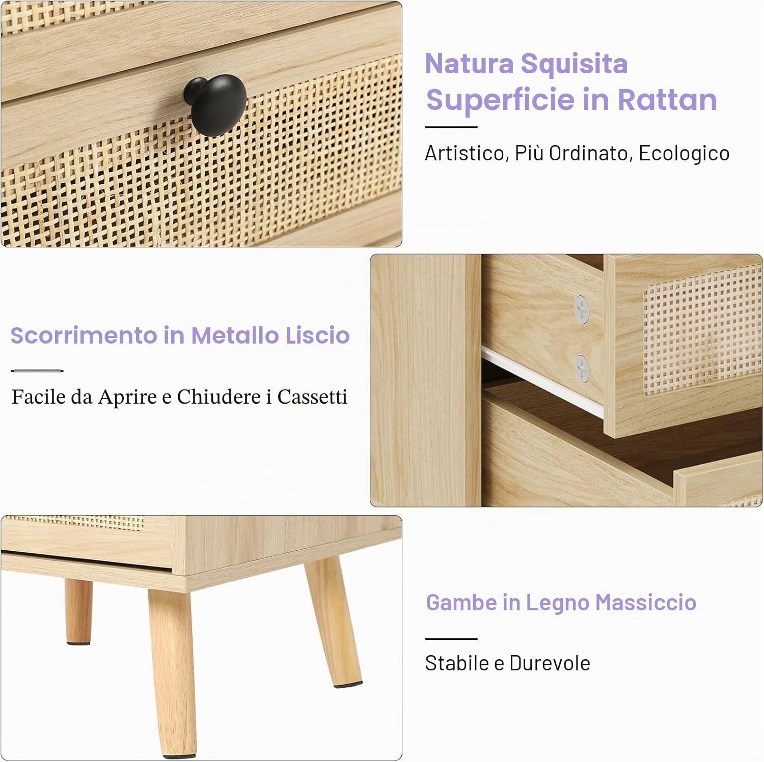 AOGLLATI Comodino Rattan Set di 2 con 2 Cassetti e Scomparto Aperto, Comodino Piccolo con Luci LED, Comodini in Legno Tavolo Laterale Stretto con Gambe in Pino per Soggiorno, Camera da Letto