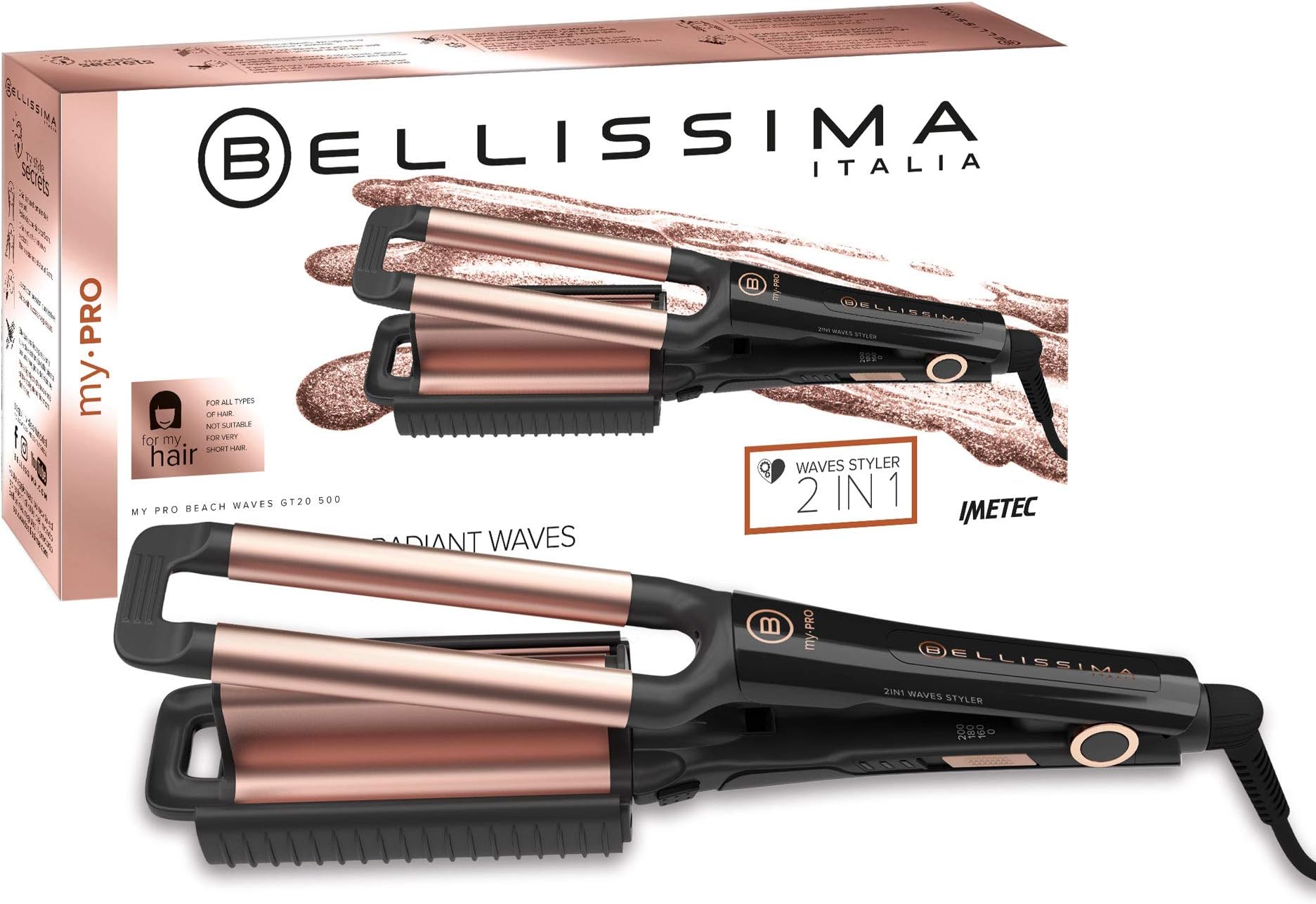 BELLISSIMAMY PRO 2 in 1 Hair Waver Beach Waves Styler - Hair Crimper and Deep Waver Curling Iron, Ceramic Coating, Heat resistant handle, 160°C-200°C, Long-Lasting Results, Quick & Easy, Black & Gold