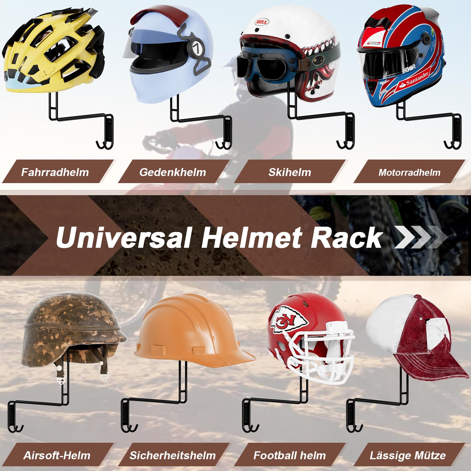 THYGIFTREE Helmhalter Wand, Motorradhelm Halterung, Helmhalter Wandhalterung Holz für Fahrradhelm Halterung mit Haken für Mäntel Kappen Rugby Helm (4 