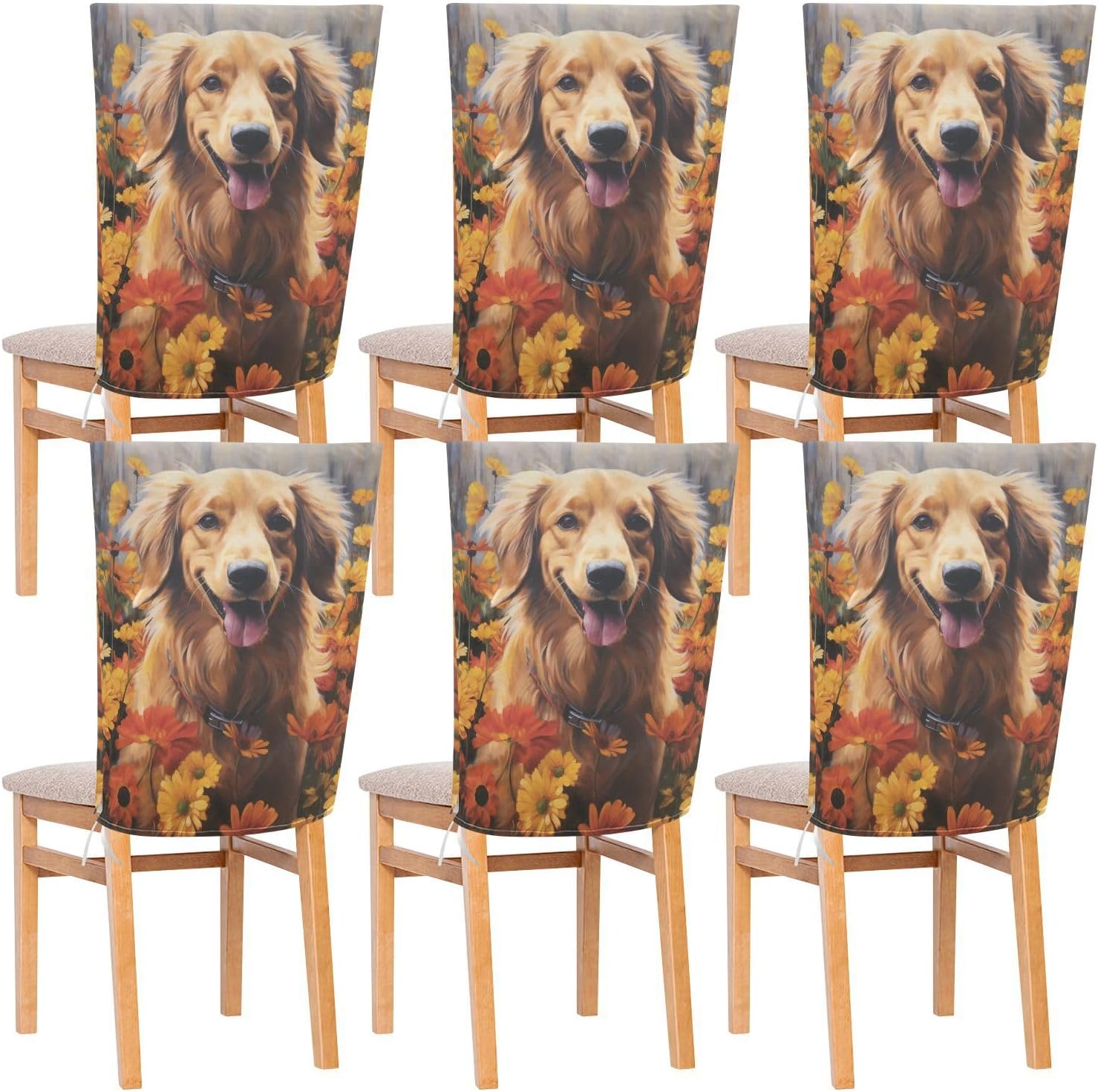 ALAZA Cute Dog Yellow Flower Chair Back Cover Set of 6, Washable Reusable Removable Chair Slipcovers Decorative Chair Cover for Home Kitchen Wedding Party