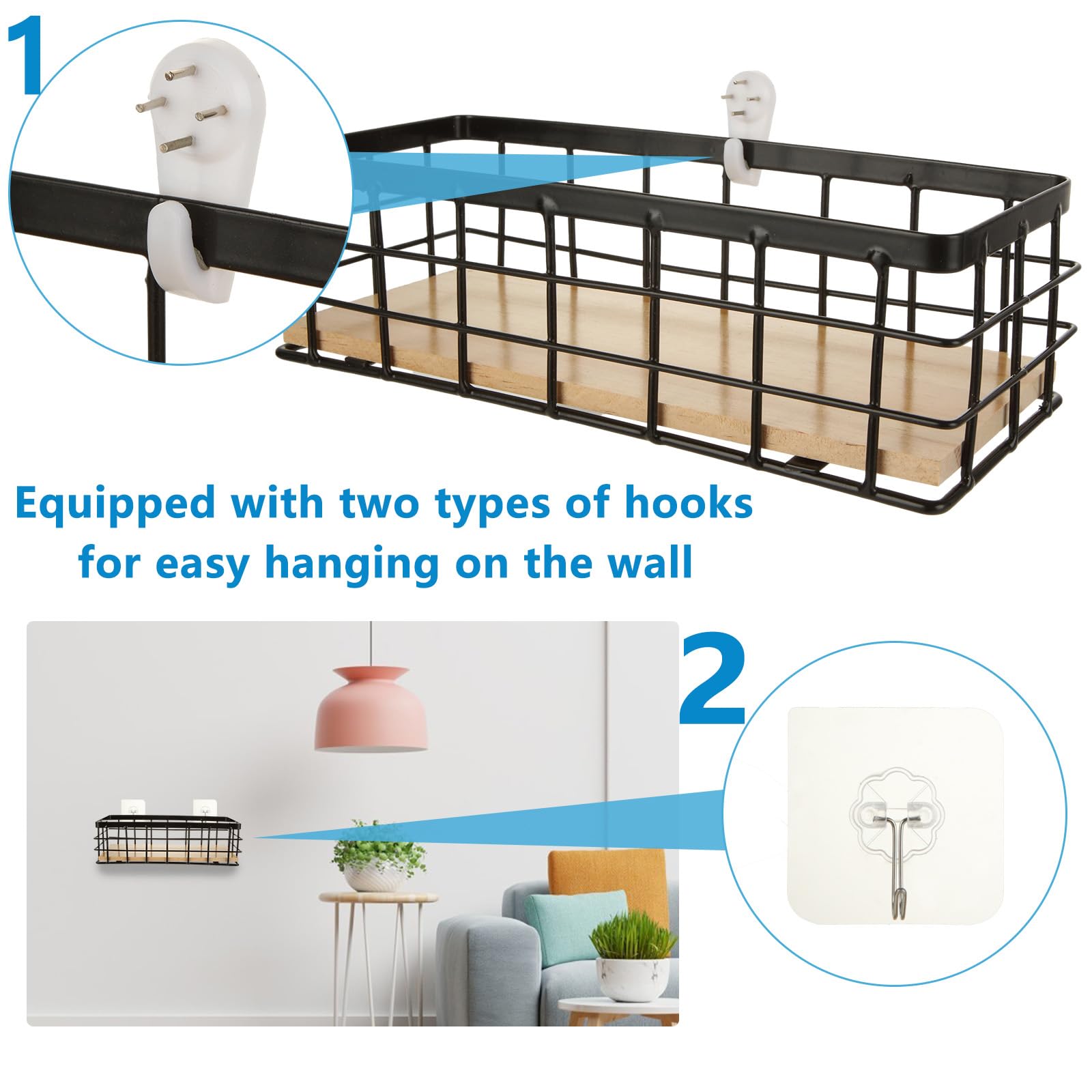 Acrux7 Paquete de 4 cestas de alambre de metal, cestas de almacenamiento de alambre negro con base de madera desmontable, cesta rectangular de cables de montaje en pared para cocina, baño, despensa