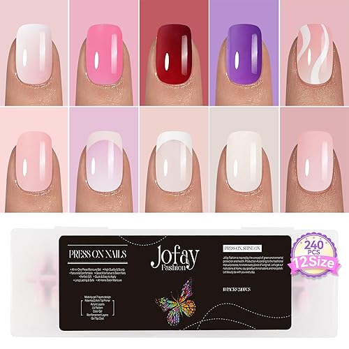 Jofay Fashion Kit de 240 uñas cortas de gel a presión, uñas postizas acrílicas con pegamento, diseños clásicos de puntas sólidas y francesas, uñas