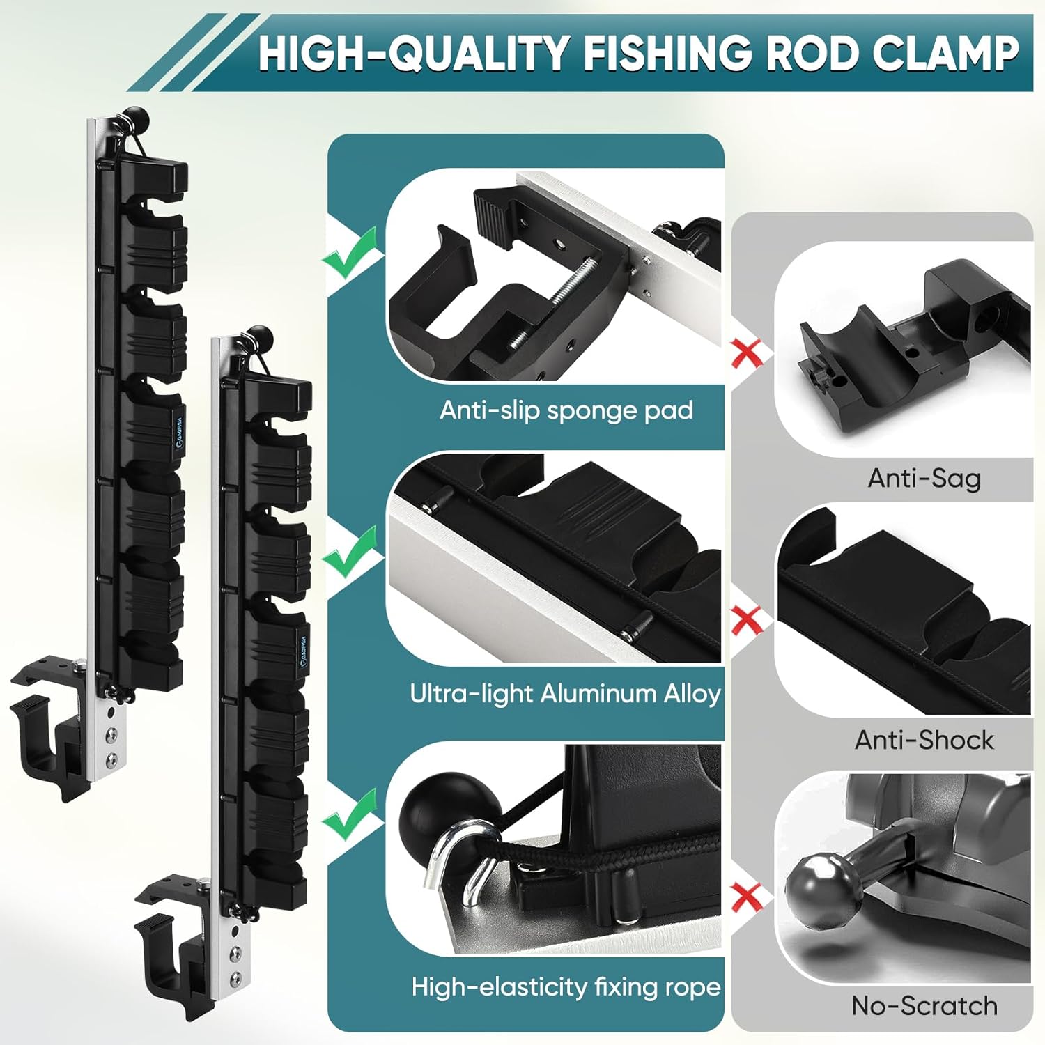 GADFISH Fishing Rod Holder for Truck Bed, Hold 6 Fishing Rods at Once, Adjustable Fishing Rod Holder Fits Most Fishing Rods, 2 Mounting Options