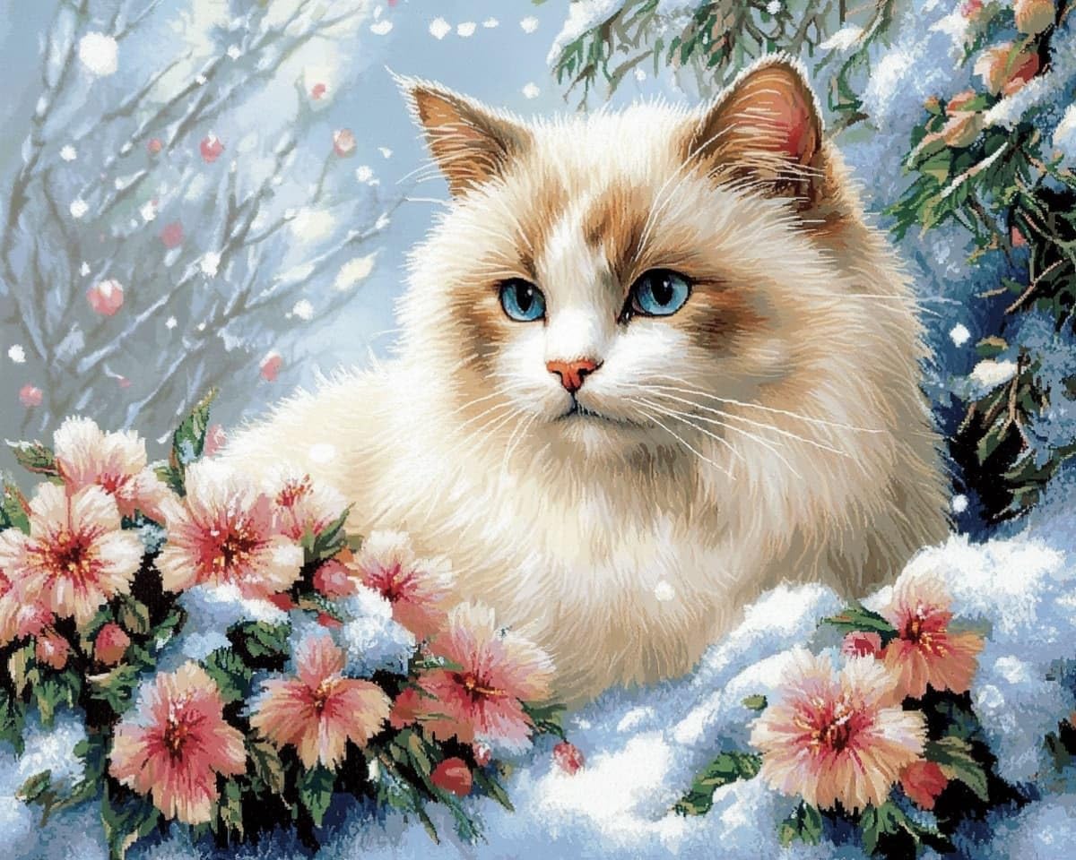 AxiangziK Cross Stitch Kits for Adults 12x16 Inch,Siamese Cats and Flowers in the Snow 11CT Counted Printed Cross Stitch Kits,Stamped Embroidery for Adults Wall Art Home Decoration 30x40cm