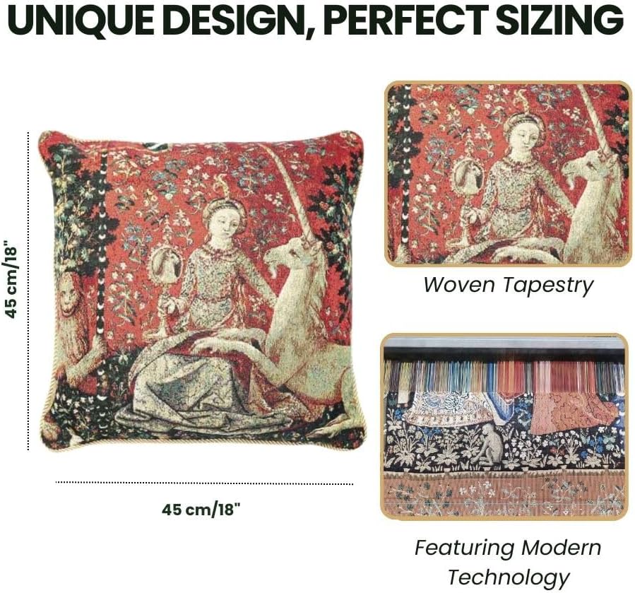 Signare Tapestry Designer Art Cushion Cover 18x18 inch Lady Unicorn Design (Sense of Sight) (CCOV-Art-LU-SI)
