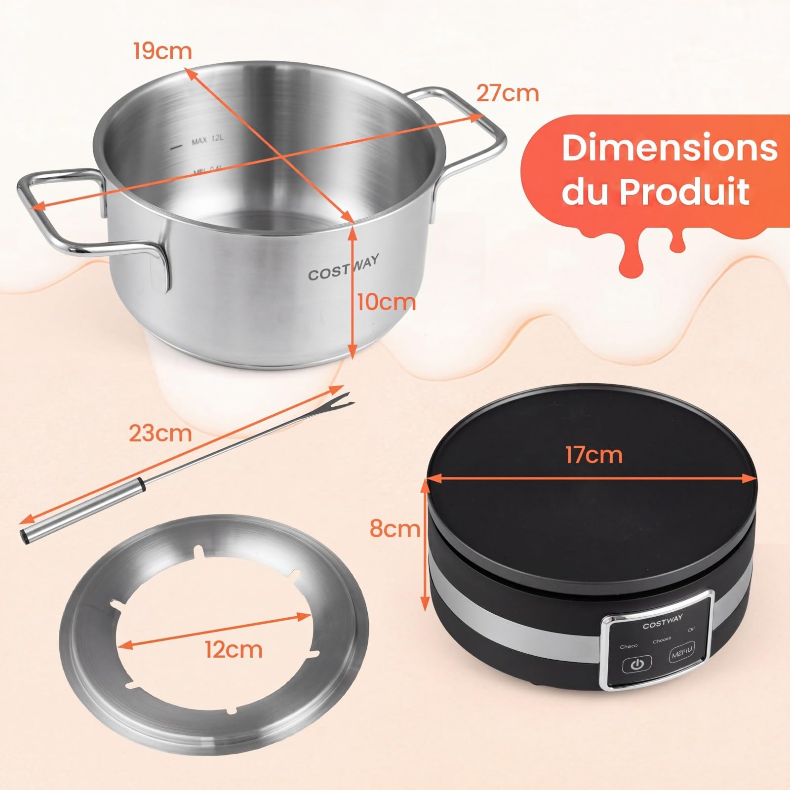 COSTWAY Appareil à Fondue Électrique 2,3L, 1200W, Service à Fondue en Acier Inoxydable, 6 Fourchettes Incluses, Thermostat Réglable, Compatible Lave-Vaisselle, pour Chocolat, Fromage