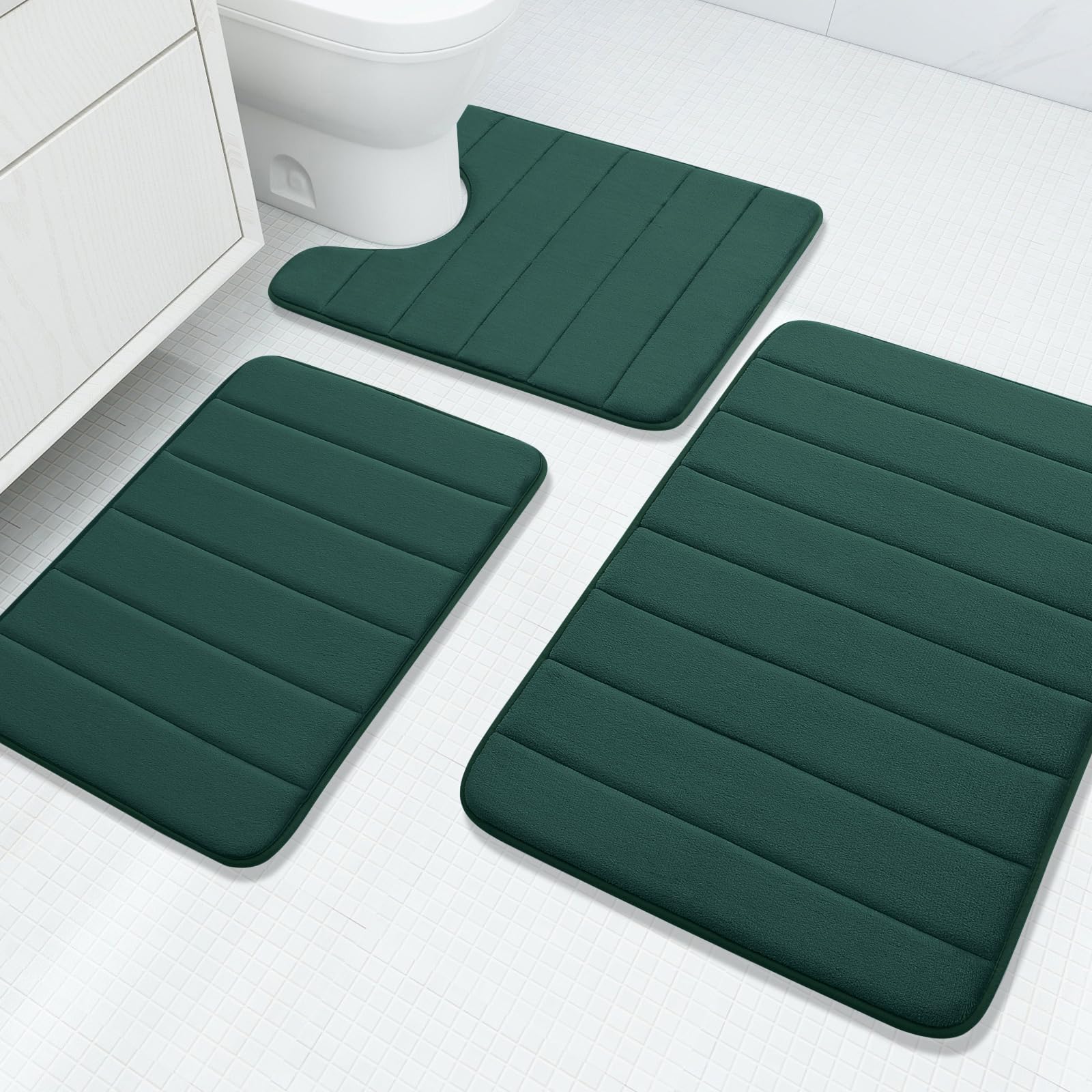 Buganda Memory Foam 3 Pieces Bathroom Rugs Set - Thick Soft Absorbent Non-Slip Bath Mats, Washable Small/Large/Contour Bath Rugs (24" x 16" + 30" x 20