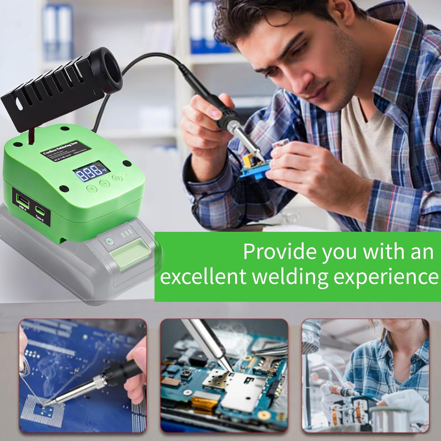 Cordless Soldering Station Compatible with Greenworks 24V Battery, Electric Soldering Iron with USB & Type C Port, Adjustable Temperature for DIY Projects, Appliance Repair (No Battery)