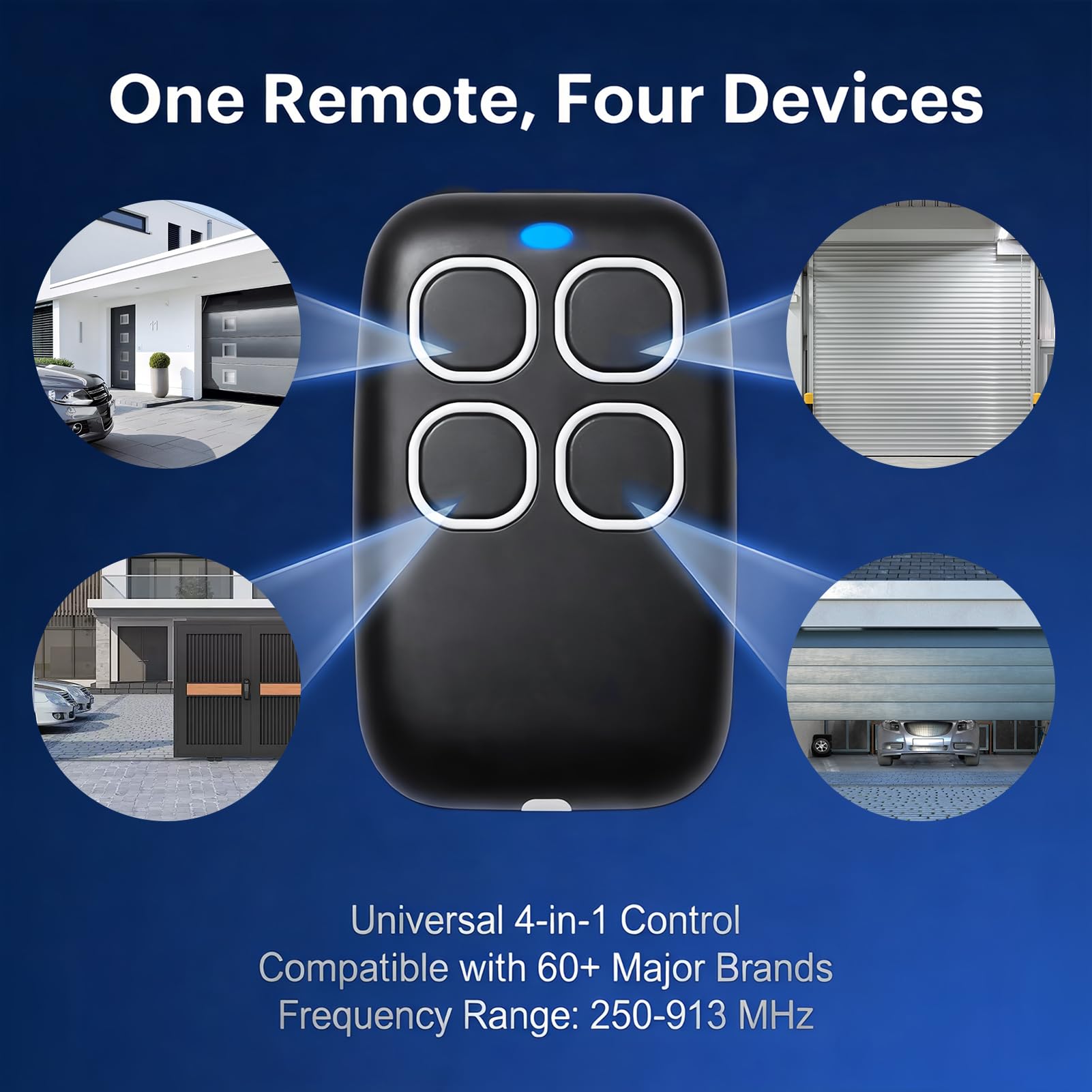 Mando Garaje Universal 4 en 1 250-913MHz, Clonador para Puerta de Garaje y Sistemas de Automatización, Programación por Aprendizaje Automático, Rolling Code Código Fijo, Blanco