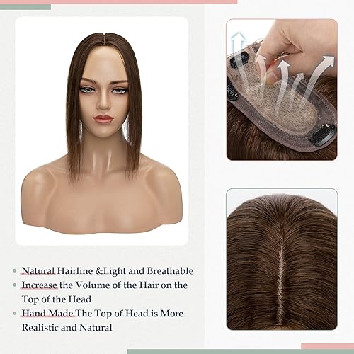 Miniatura 2 de Toppers para el cabello para mujer, cabello humano real, densidad del 150%, base de seda, parte superior marrón, sin flequillo, pinzas para peluca