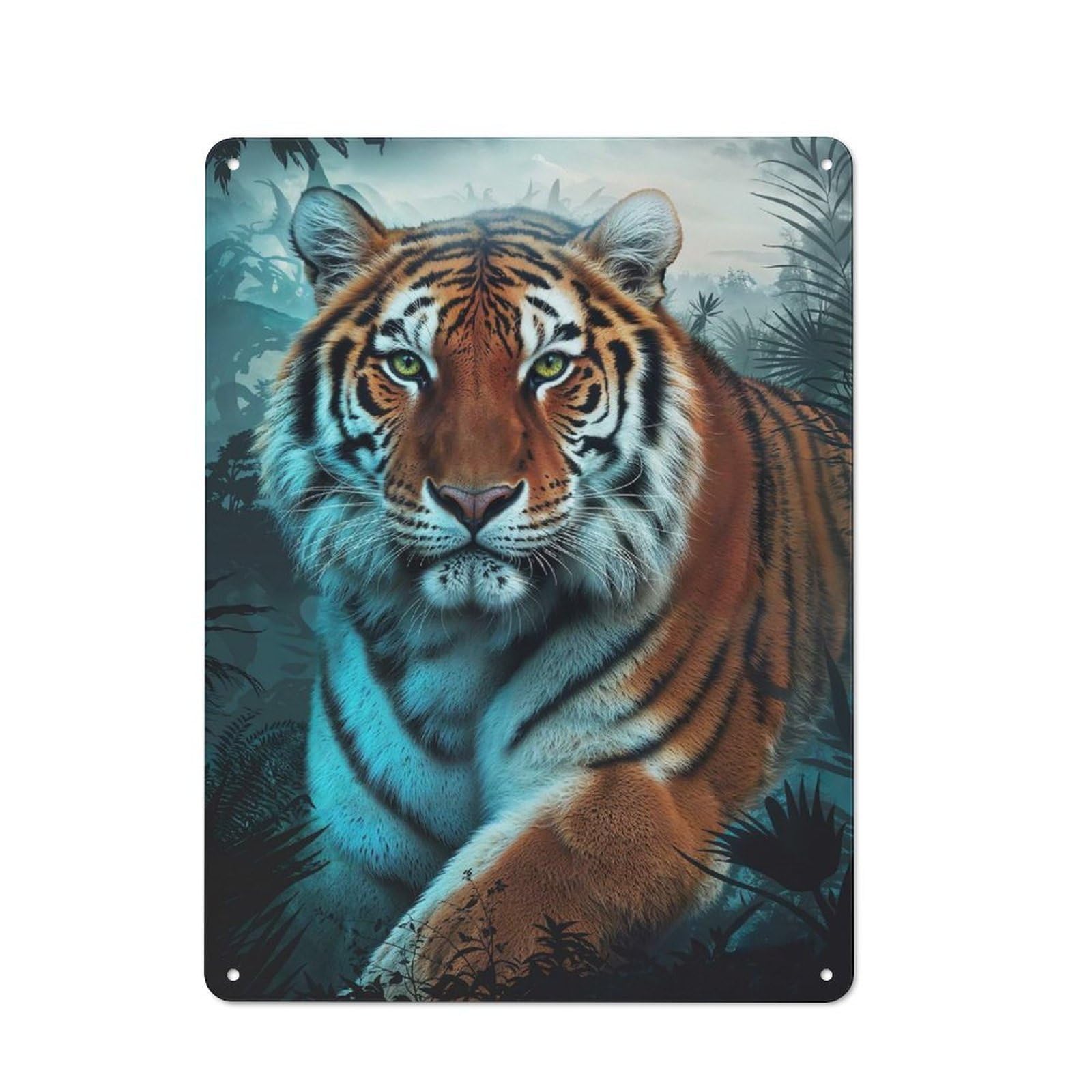 Decorative Metal Plaque with Tiger in Jungle Design 40x30cm, Vintage Porch Wall Decor for Shed, Garden Room, Porch Or Garage