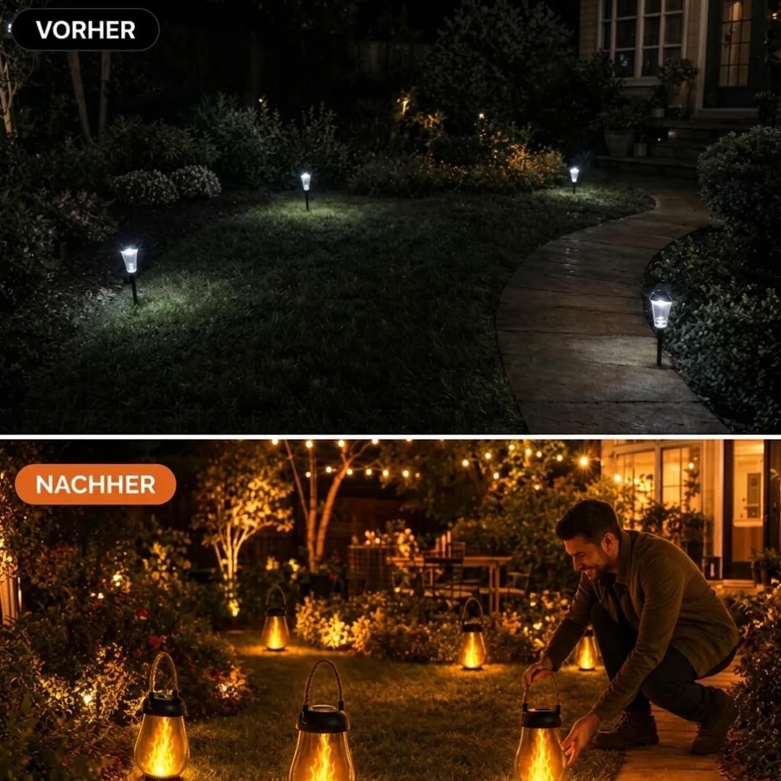 Klynero Solar Laterne mit Flammeneffekt Groß, Klynero Solar Laterne Outdoor IP65, Gartenlaterne mit 3 Lichtmodi, USB-C Ladeoption, Dekorative Solarlampe für Garten, Terrasse (Schwarz, 2pcs)