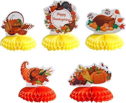 Decoraciones de otoño de Acción de Gracias, 5 juegos de centros de mesa de panal de Acción de Gracias para mesas de cena de oficina en casa, pavo,