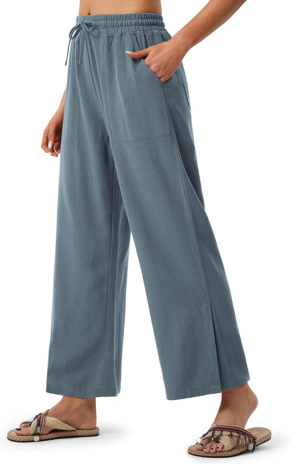 Libin Women Linen Pants Wide Leg Side Slit Ankle Pants High Waist Drawstring Casual Palazzo Loose Beach Pant Cropped Trousers - Image 2