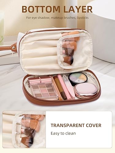 Miniatura 3 de Telena Bolsa de cosméticos Bolsa de viaje de maquillaje grande de gran apertura acolchada Organizador de maquillaje de doble capa portátil, 1-Rosa,