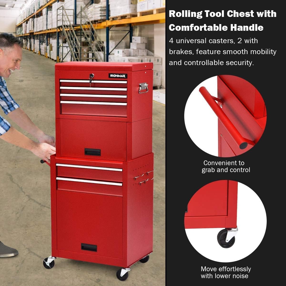ARLIME 6-Drawer Rolling Tool Chest, Tool Storage Cabinet W/Sliding Drawers, Detachable Top Box & Locking System, Removable Toolbox Organizer for Garage & Warehouse (Red)