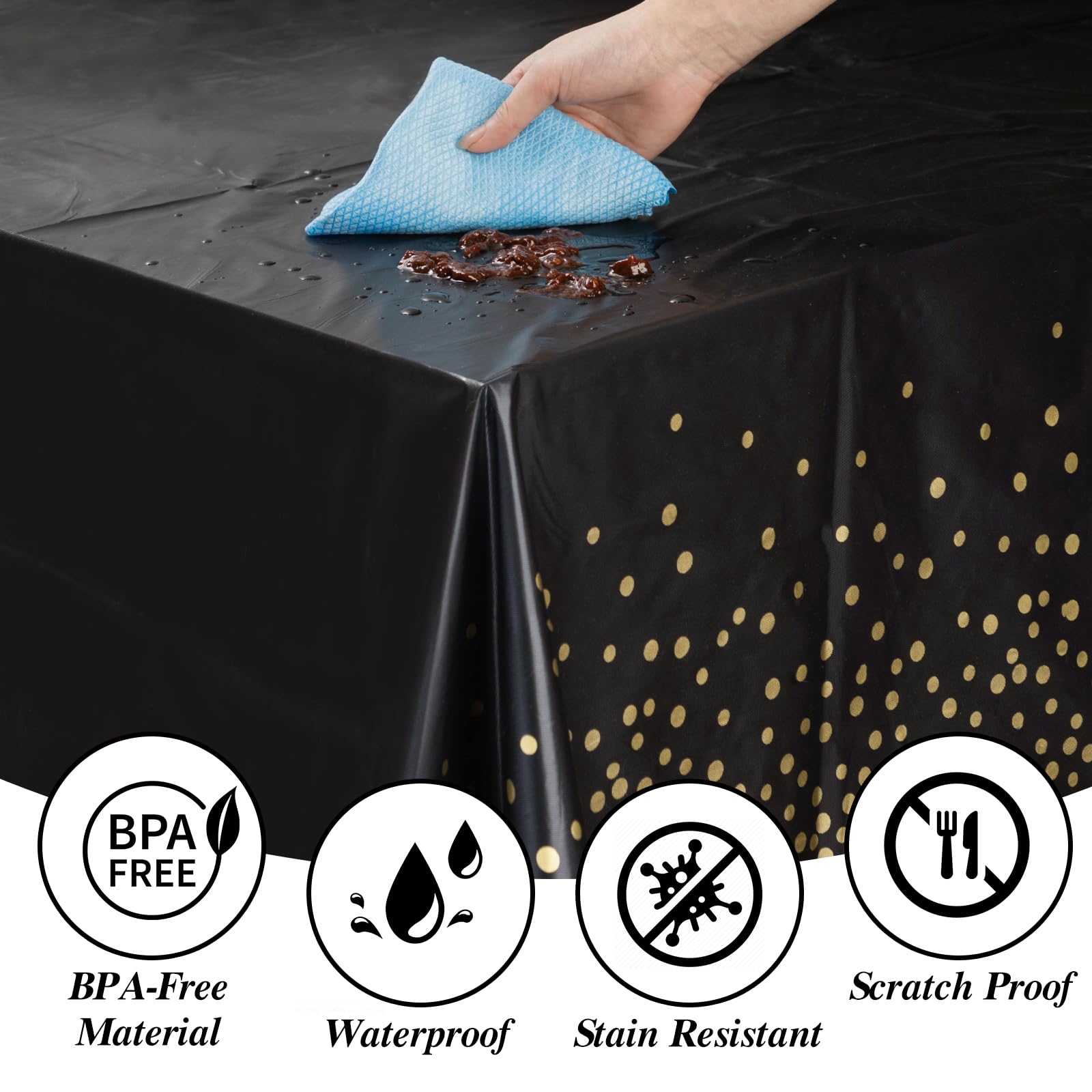 Goodluck 352 Piece Black Dinnerware Set for 50 Guests, Black Square Plastic Plates with Gold Trim, Include: 100 Plastic Plates, 50 Rolled Napkins, 50 Cups, 50 Cutlery Set and 2 Tablecloth