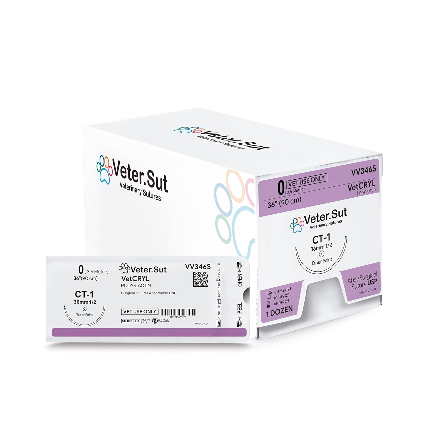 VeterSut VetCRYL Absorbable Polyglactin Surgical Suture USP Suture 0, (CT-1) 1/2 36mm Taper Point Needle, 36 Inches (90 cm), 12 Count, Veterinary Use