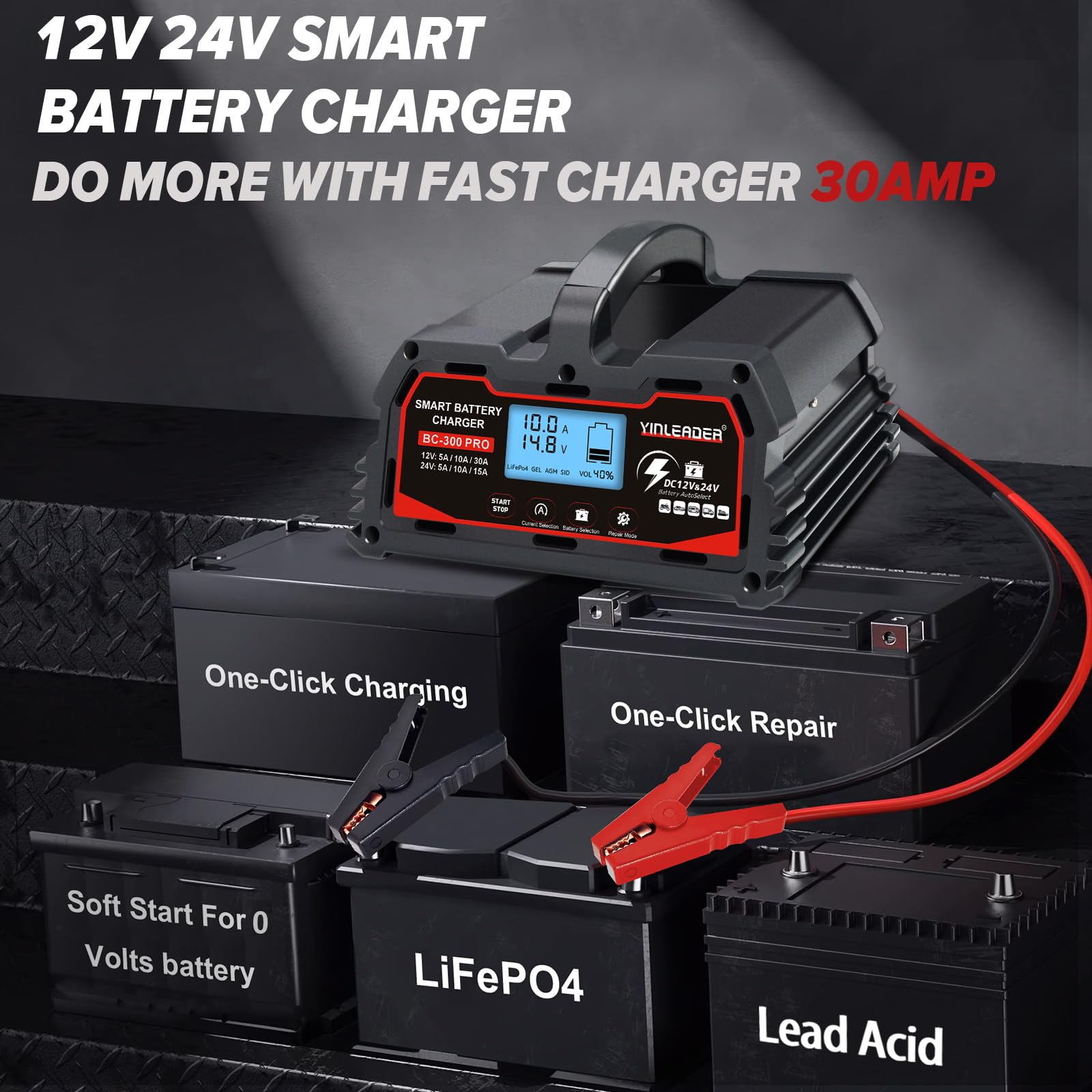 Cargador de batería inteligente 30 A, 12 V/24 V de plomo-ácido, cargador de batería de coche LiFePO4 12 V, sostenedor automático de batería para coche, motocicleta, cortacésped, barco