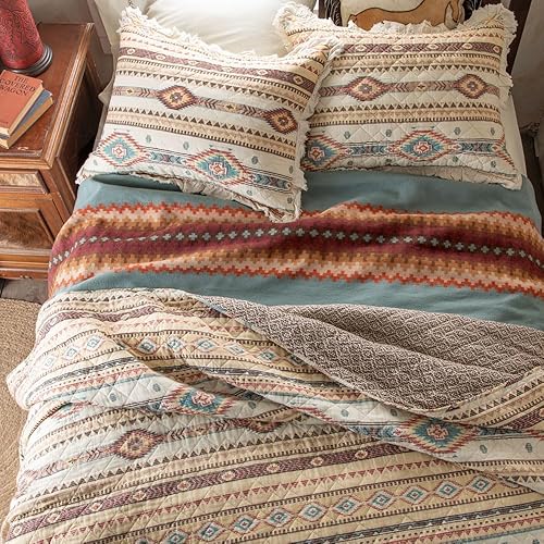 Miniatura 3 de Colcha Phoenix Southwest con estampado de diamante y volantes, con estampado en amarillo, rojo, chocolate y turquesa y fondo en crema Se invierte a