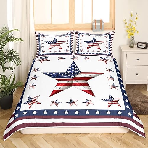Miniatura 3 de Juego de ropa de cama estilo bandera estadounidense para niños, niñas, mujeres, hombres, funda de edredón geométrica retro, transpirable, azul, rojo