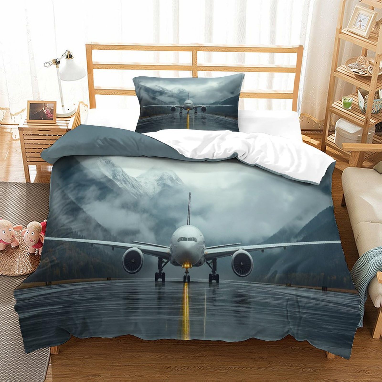 P1S9U7W5Y Aviation 3D Printed Duvet Cover Set 3pcs Microfiber Airplane Runway Bedding Set Single（135x200cm）