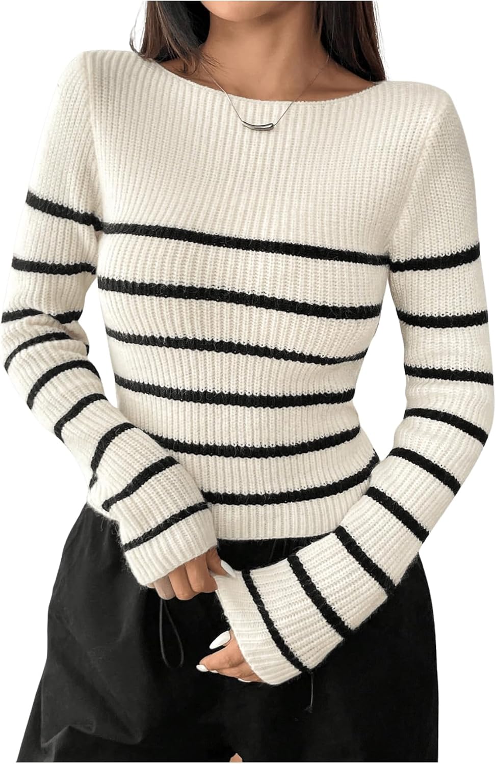 Verdusa Women's Striped Y2k Sweaters Fall Outfits Long Sleeve Boat Neck Knitted Pullover Crop Tops
