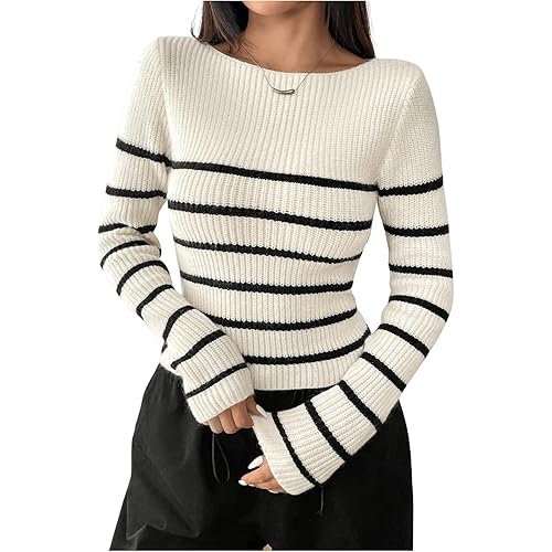 Verdusa Women's Striped Sweaters Long Sleeve Boat Neck Knitted Pullover Crop Tops