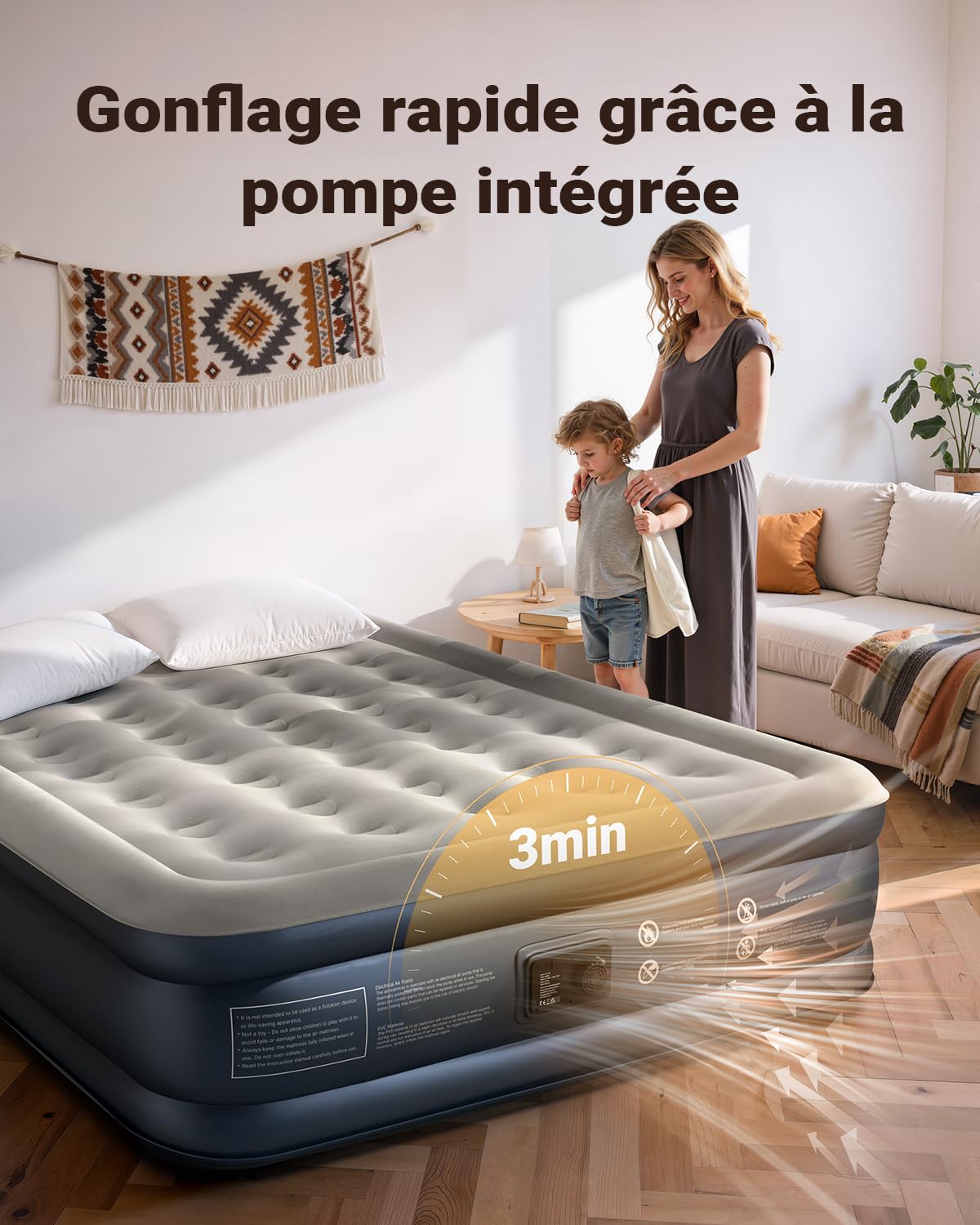 iDOO Matelas Gonflable 2 Personnes, Lit Gonflable avec Pompe Electrique Intégrée, Matelas pneumatique pour l’extérieur et Le Camping, 152 x 203 x 38 cm, 295 Kg Max