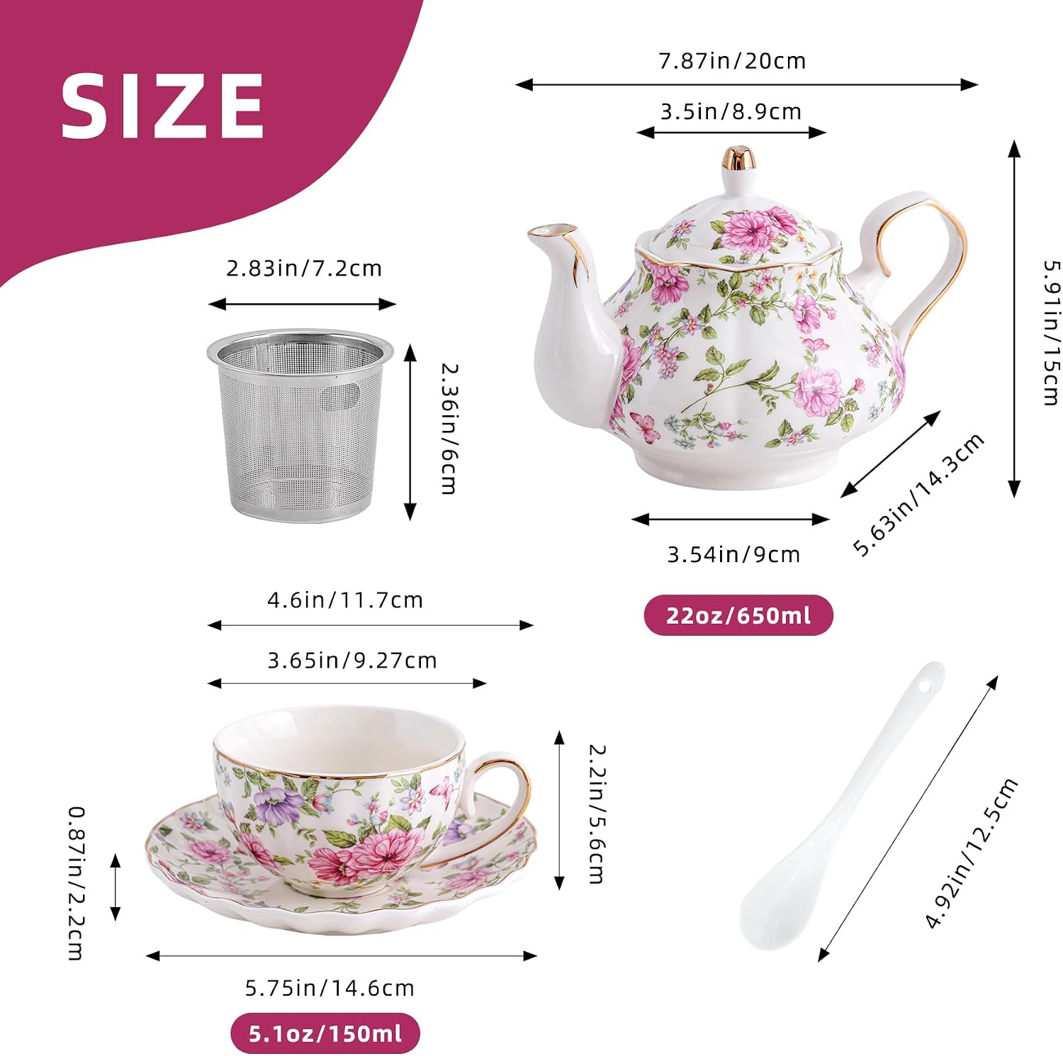 Flowers Ceramic Tea Set，Tea Sets for Adults, with Teapot, Spoons, Cup and Saucer for Tea Party (Pink And Purple Flowers)