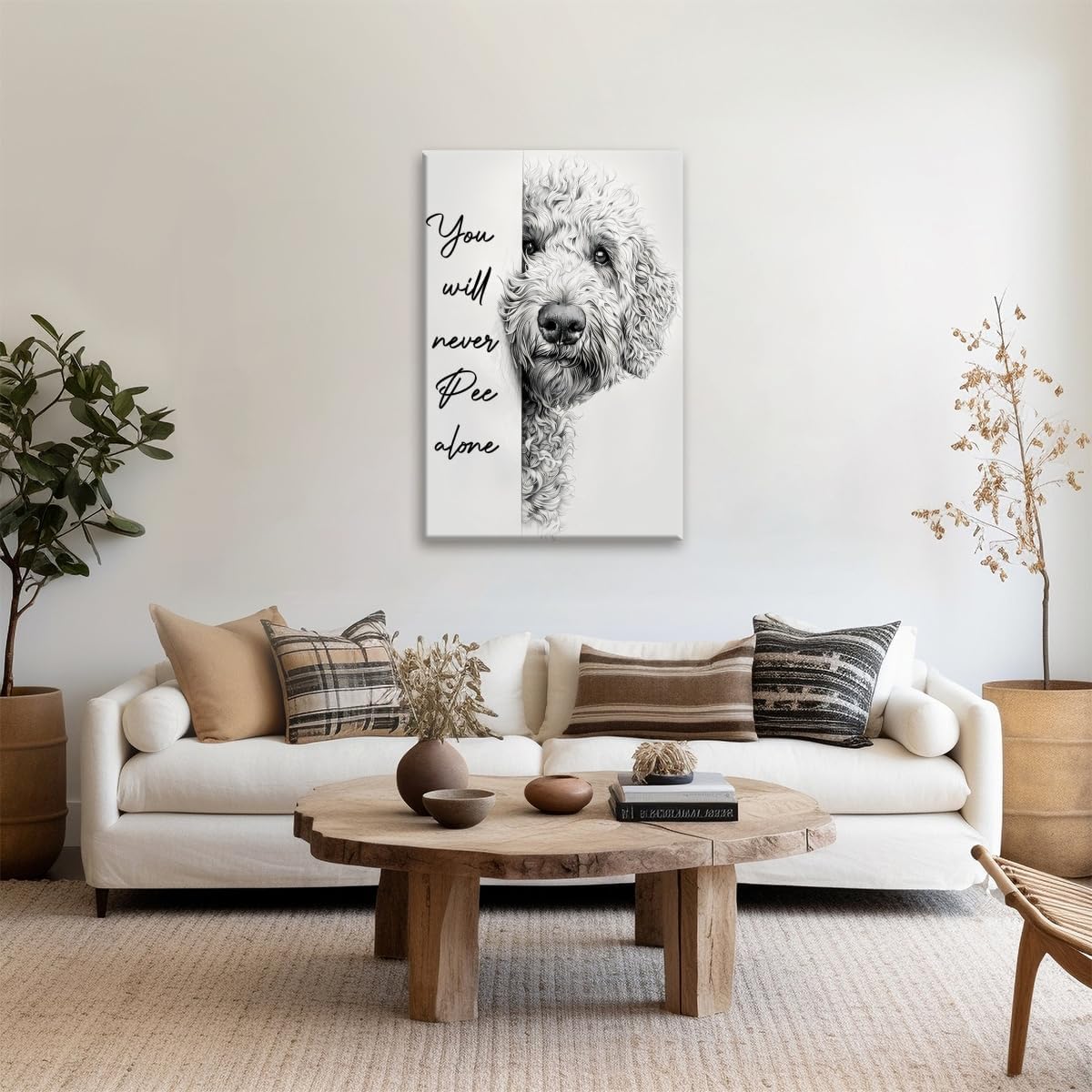 Black and White Goldendoodle Wall Art You Will Never Pee Alone Poster Canvas Print Funny Bathroom Decor Signs Dog Lovers Room Ideas Decoraring 12x18inch Framed