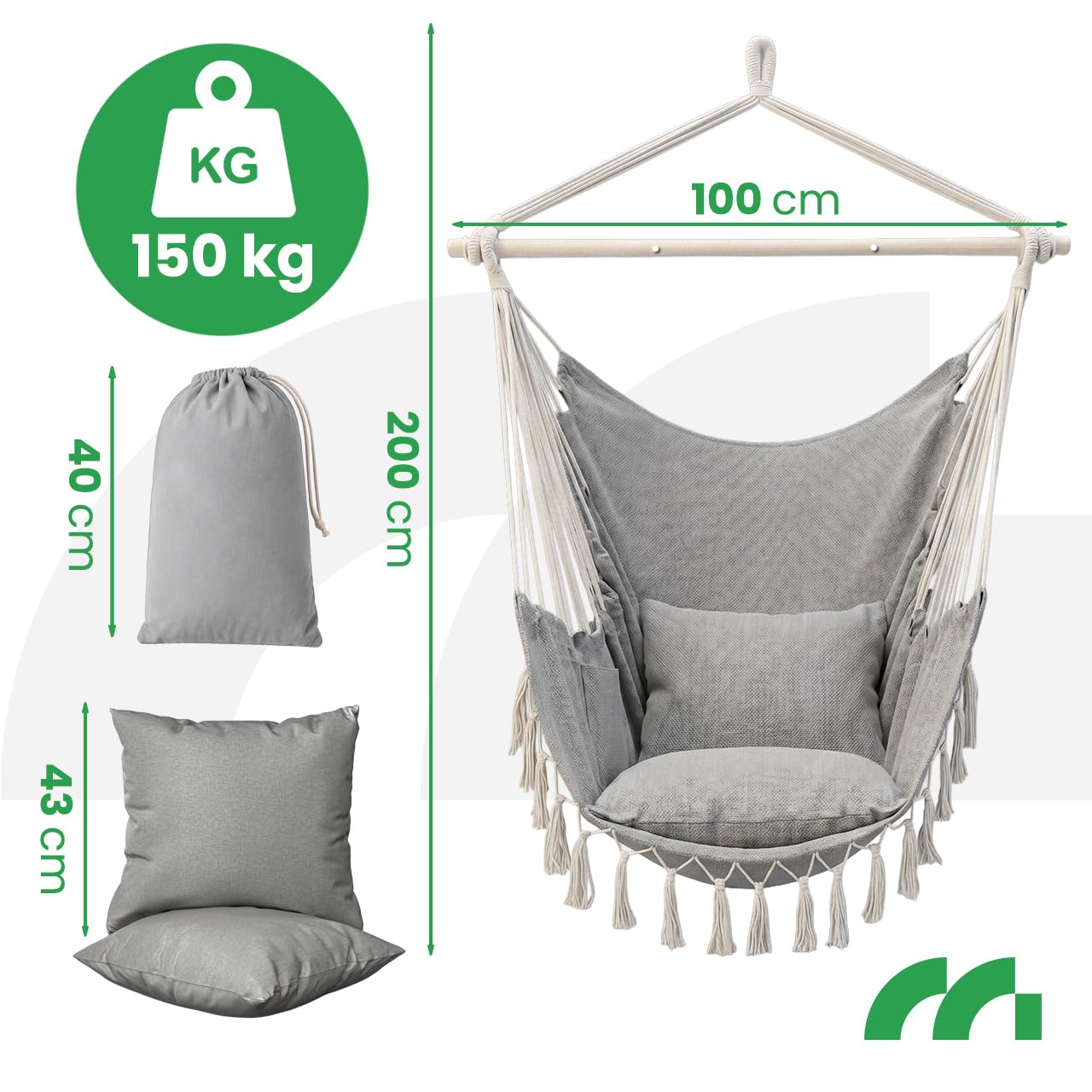 MalTec Fotel wiszący, 2 poduszki, wiszące krzesło ogrodowe, hamak brazylijski Swing Cocoon LUA Long jasnoszary