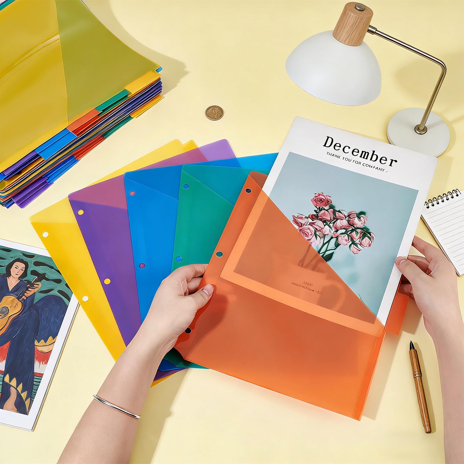 100 buste portadocumenti in plastica trasparente, 29 x 23 cm, 5 colori, multi tasca, organizer con biglietti scritti a mano, per ufficio, scuola, rientro a scuola, organizzazione e