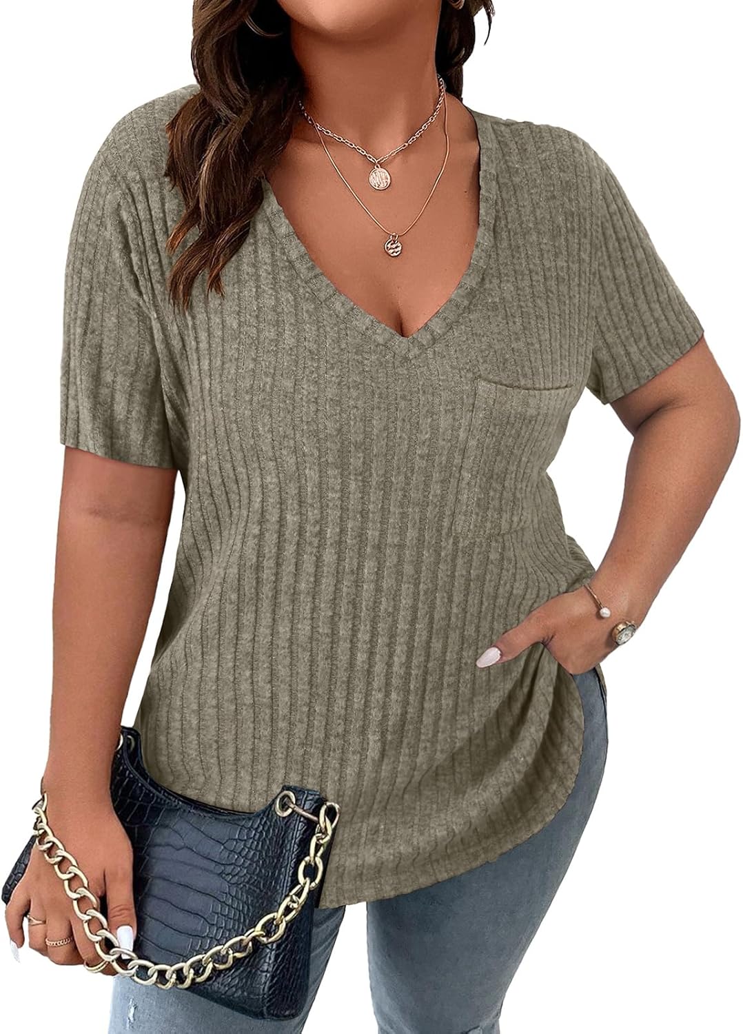 Koscacy Women Plus Size Casual Tops with Pocket V Neck Solid Color Shirts Lightweight Short Sleeve Blouses - Image 4
