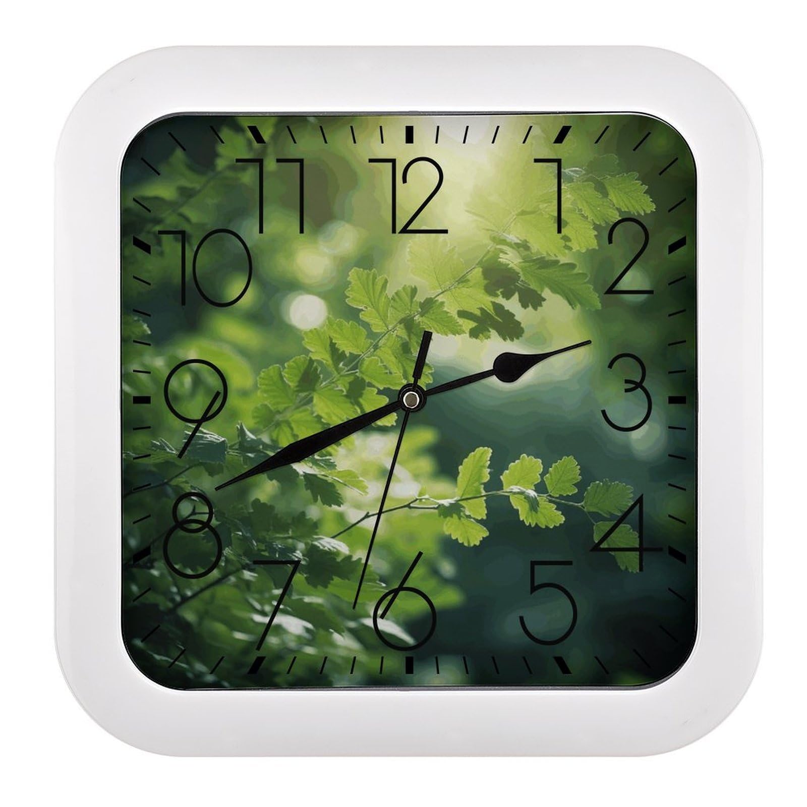 MUSM 10.2 X 10.2 Inch Modern Green Tree Background Wall Clock Battery Operated High Accuracy Decorative Square Clocks for Kitchen Bedroom Living Room Home Office Porch