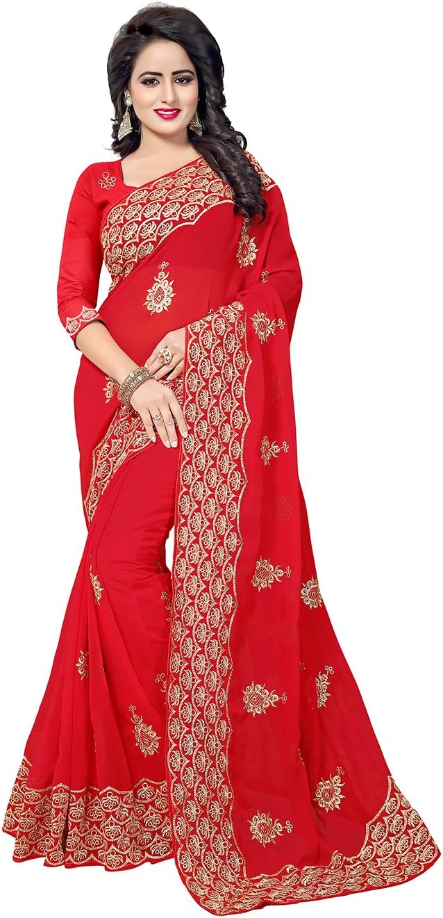 Indian Sarees for Women Party Wear Designer Black Color in Red 60 Gm Georgette