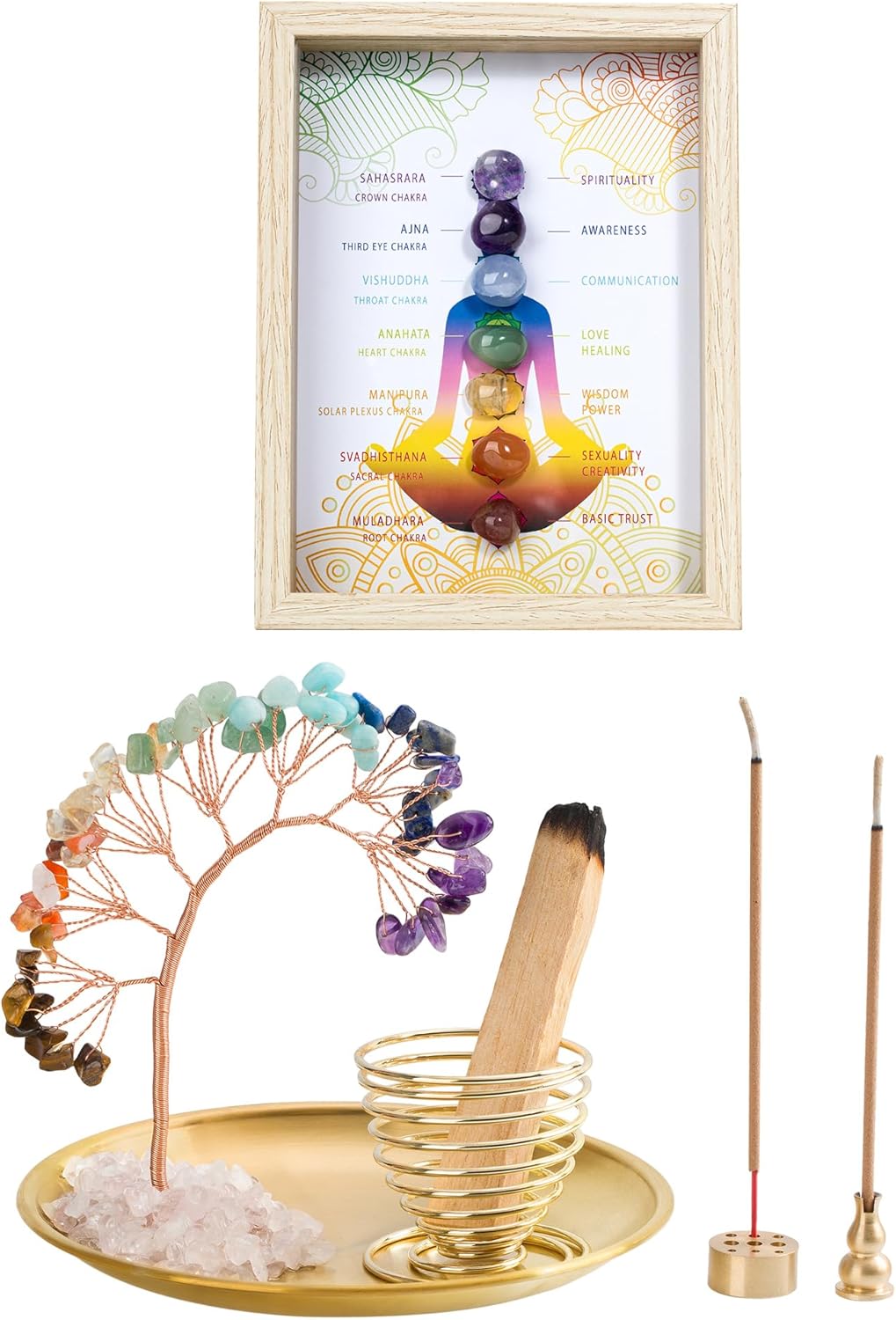 ZenBless 7 Chakra Crystal Tree Incense Holder Palo Santo Sage Burner Brass(Round) + Healing Crystal Stone 7 Chakras Healing Stones Picture Frame Yoga Meditation Zen Spiritual Room Home Decoration