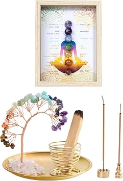 ZenBless 7 Chakra Crystal Tree Incense Holder Palo Santo Sage Burner BrassRound + Healing Crystal Stone 7 Chakras Healing Stones Picture Frame Yoga Meditation Zen Spiritual Room Home Decoration