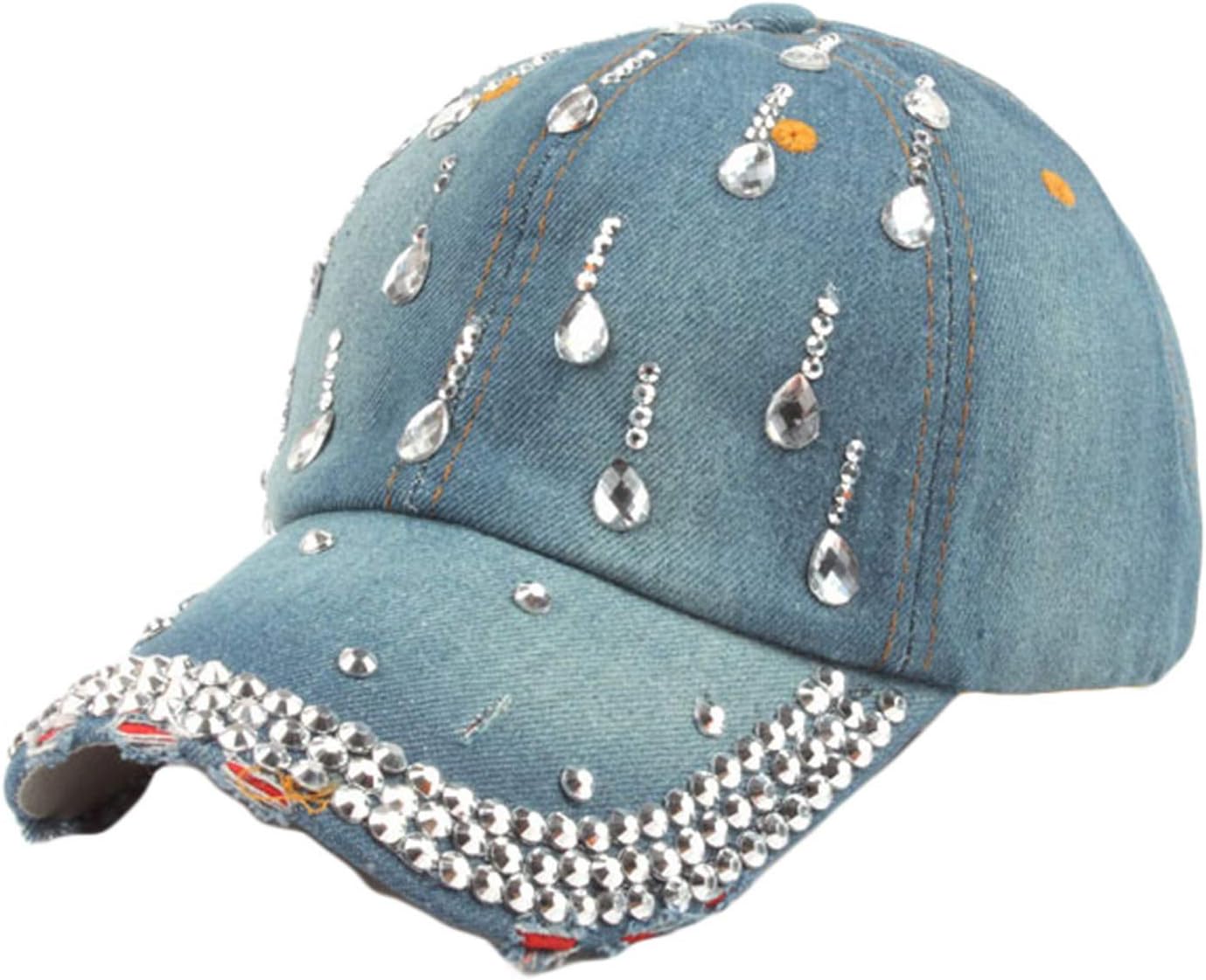 Andongnywell Women Bling Baseball Hat Rhinestone Sport Jeans Baseball Cap Crystal Snapback Caps Distressed Denim Hat