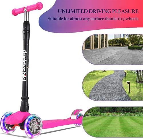 Miniatura 7 de Patinete para niños, scooter de 3 ruedas para niños, juguete para niñosniños pequeños, altura ajustable, cubierta antideslizante, luces de rueda