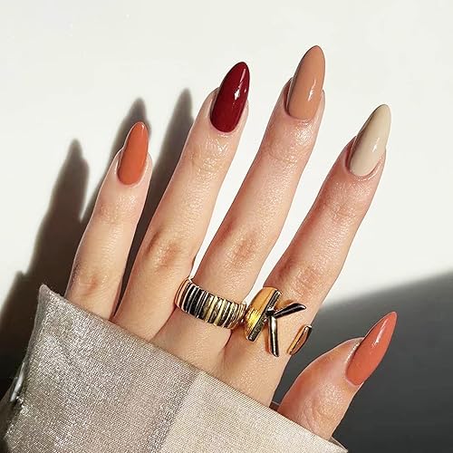 Uñas postizas a presión - Hoja de otoño | Uñas con diseño rojo surtido, uñas medianas en forma de almendra con diseño para mujeres y niñas, 24