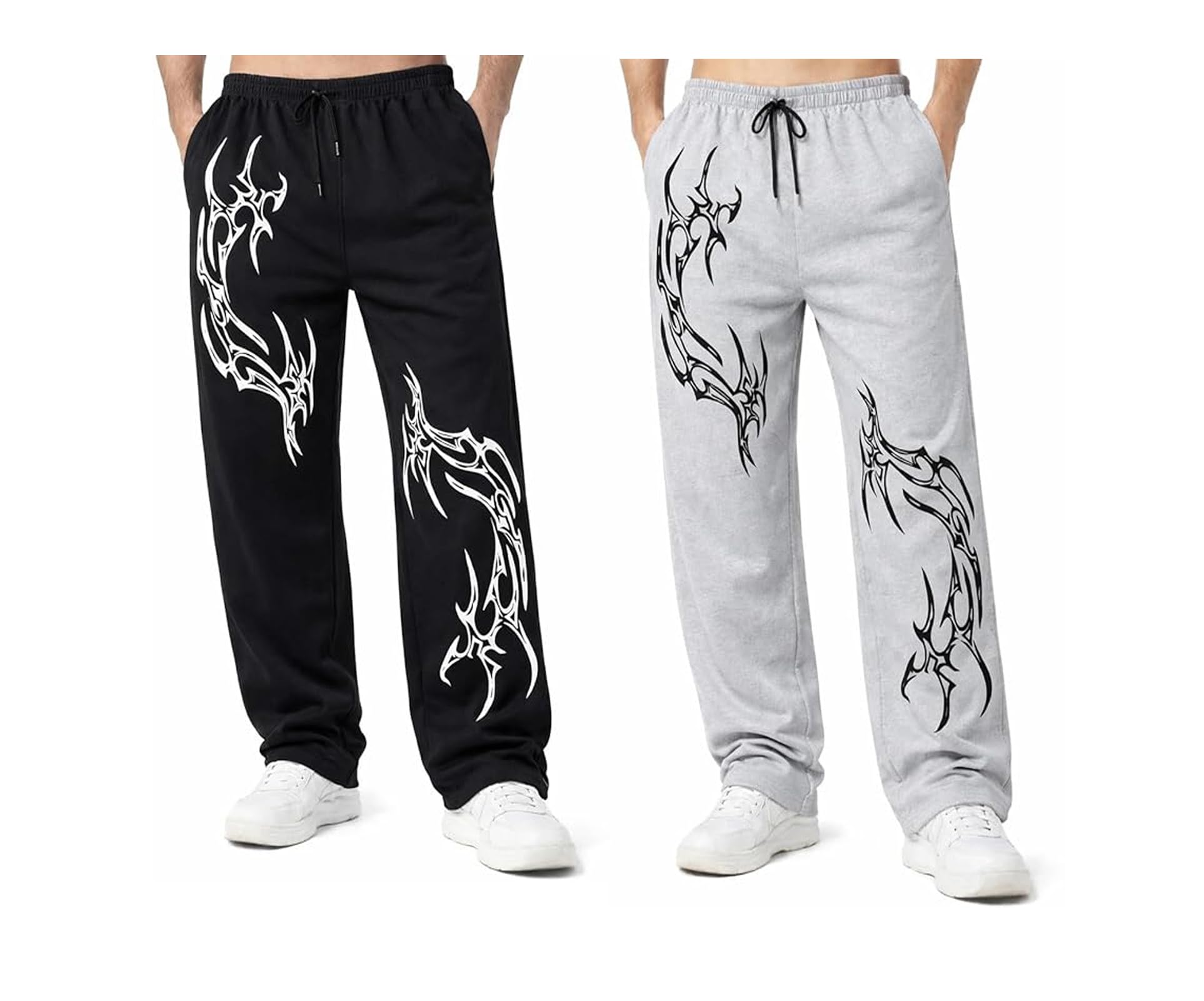 urob Men's Baggy Track Pants, Baggy Streetwear, Cotton Track Pants, Elastic Waist & Relaxed Fit Bottoms | Aesthetic Gothic Wide Leg Pants for Men | Tribal Print Baggy Streetwear | Combo of 2 |-picture-44