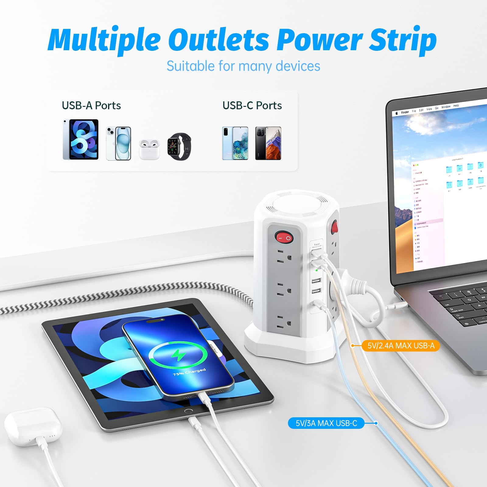 PD20W USB C - Regleta protectora contra sobretensiones, cable de extensión de 6 pies de largo