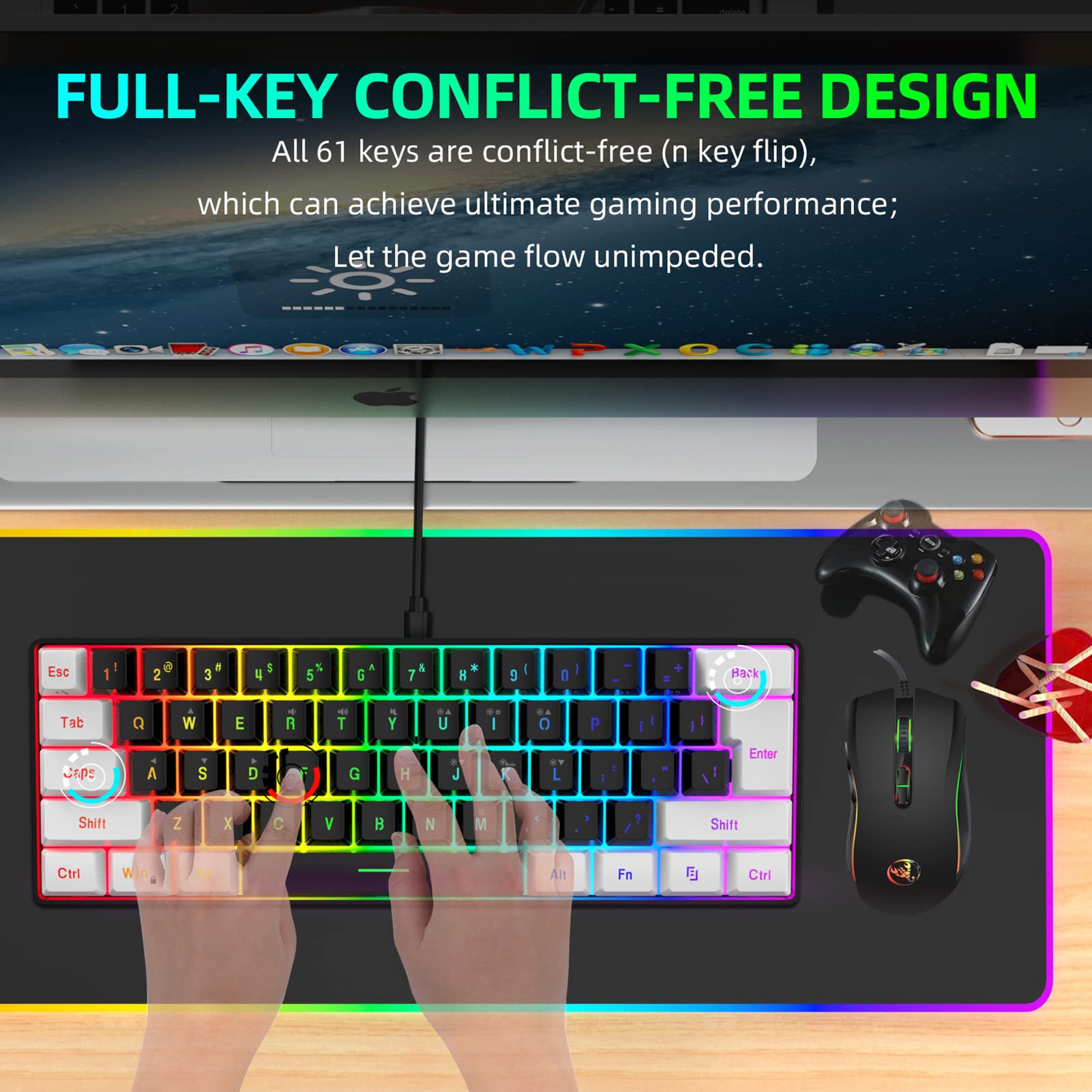 Irfora V700BW+A869 - Kit tastiera e mouse USB per computer con retroilluminazione RGB a 61 tasti + mouse da gioco cablato, illuminazione LED colorata, DPI a 4 livelli, max. 3200 DPI per PC laptop